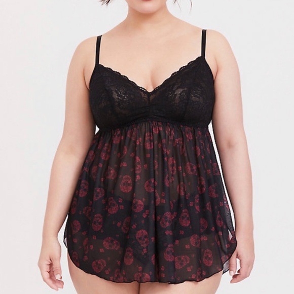 torrid Other - Torrid Black & Red Floral Skull Lace Babydoll